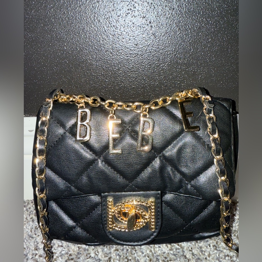 Bebe quilted black crossbody purse with gold hardware - Picture 3 of 9